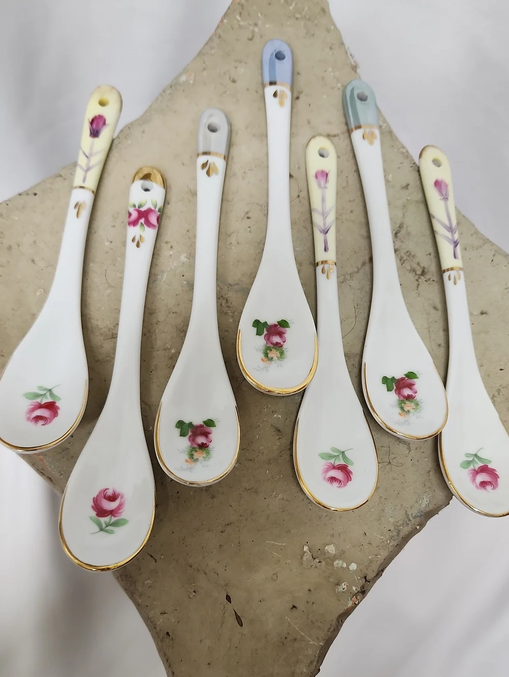 Vintage Handpainted Floral Porcelain Tea Spoons Condiment Spoons